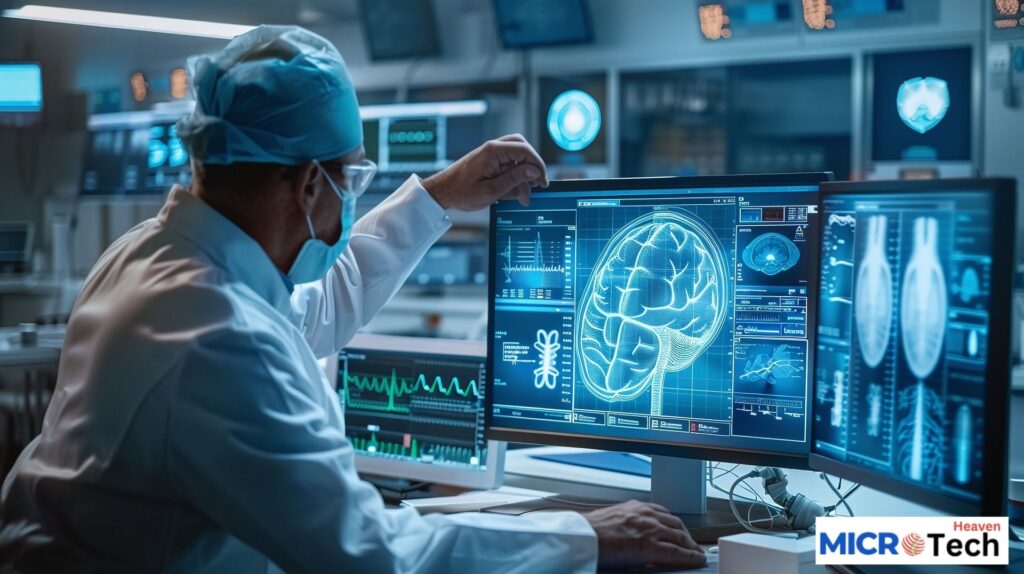 a man in a white coat and goggles looking at a computer screen